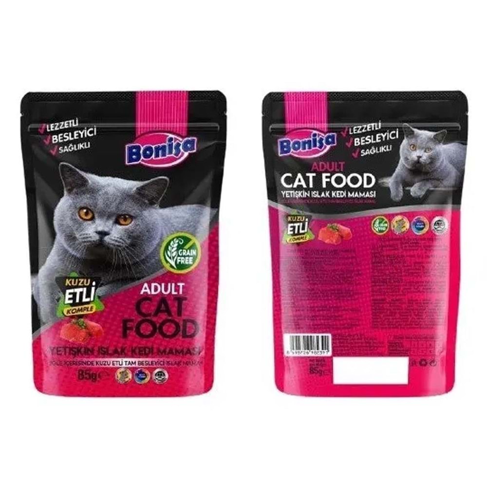 Bonisa Kuzu Etli Islak Yetişkin Kedi Yemi 85 Gr