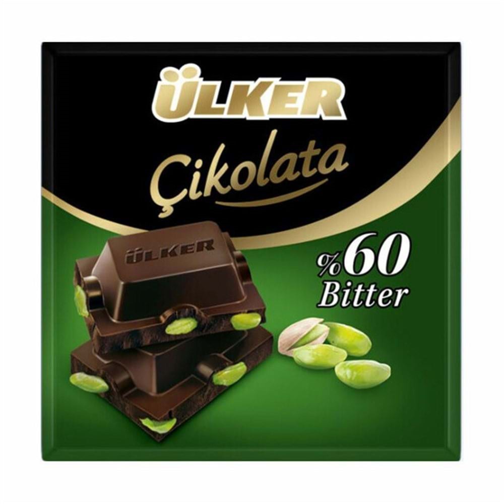 Ülker Kare Çikolata Antep Fıstıklı %60 Bitter 65 Gr