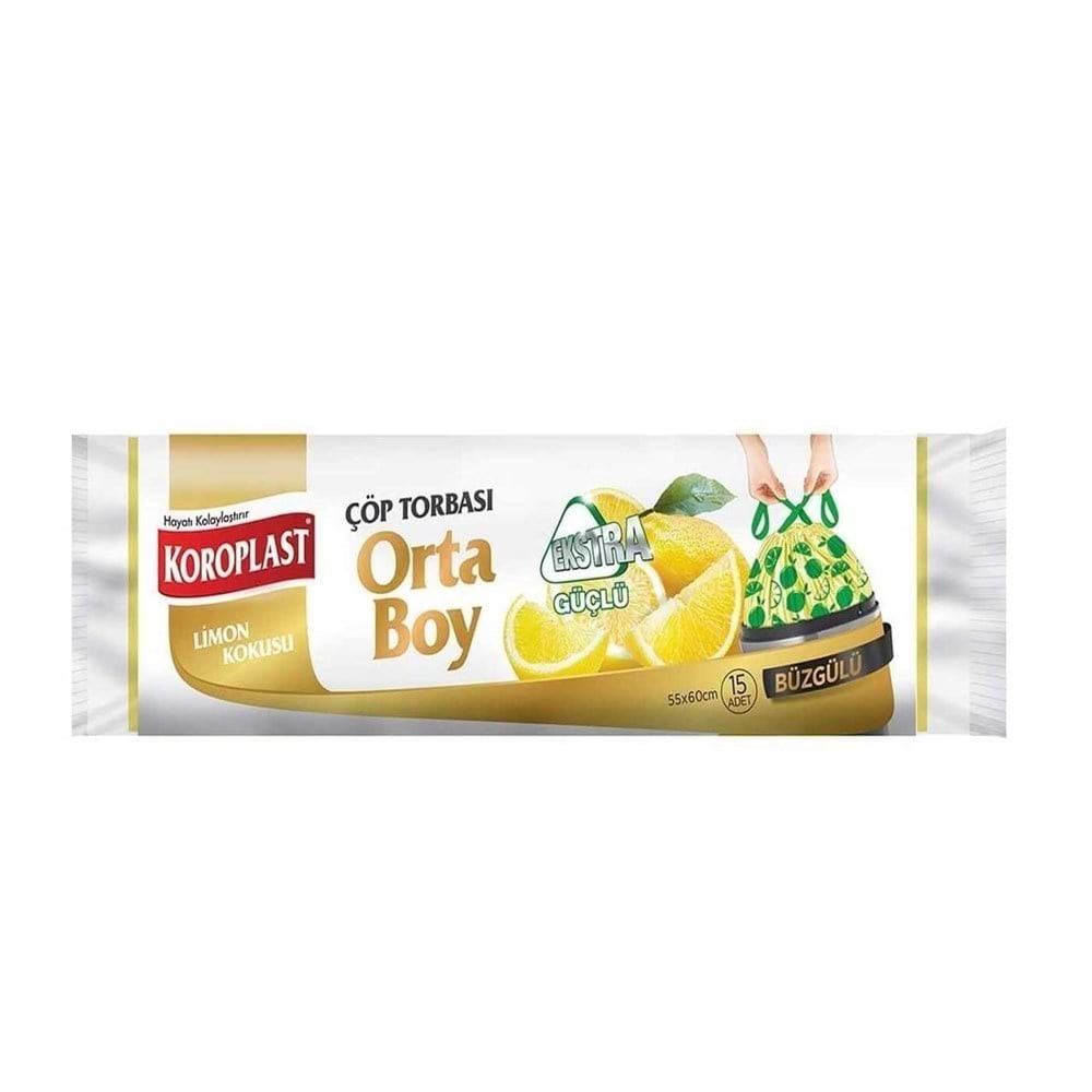 Koroplast Çöp Torbası Büzgülü Limon Kokulu Orta Boy 55X60 Cm 15 Li