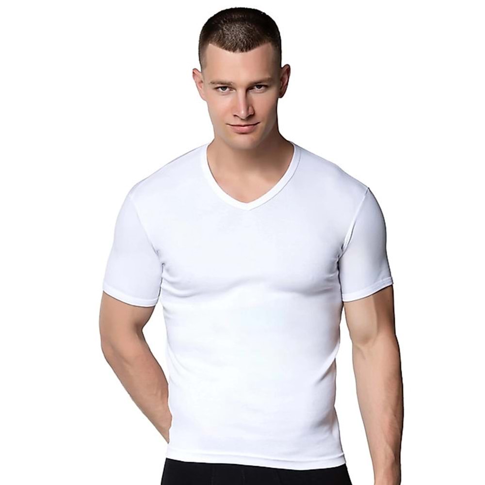 V Yaka Spor Kollu Fanila - Gümüş - 4051 - Beyaz -Xl